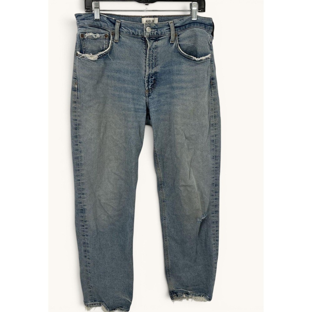 AGOLDE Kye Mid Rise Straight Crop Jeans 29 Light Wash Raw Hem Distressed